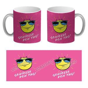 Geniesse den Tag! Kaffeebecher mit strahlender Sonne