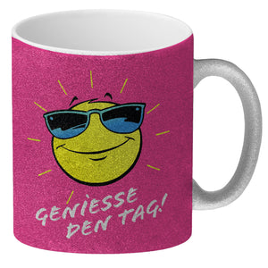 Geniesse den Tag! Kaffeebecher mit strahlender Sonne