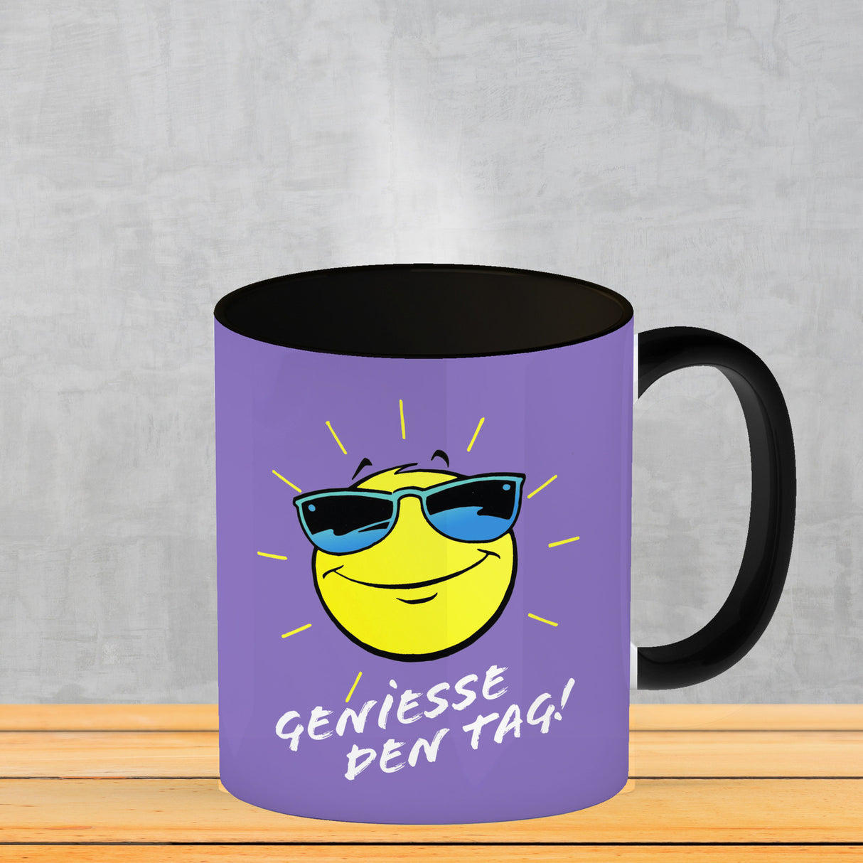 Geniesse den Tag! Kaffeebecher mit strahlender Sonne