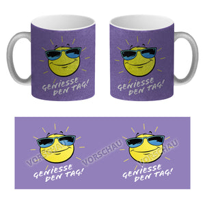 Geniesse den Tag! Kaffeebecher mit strahlender Sonne