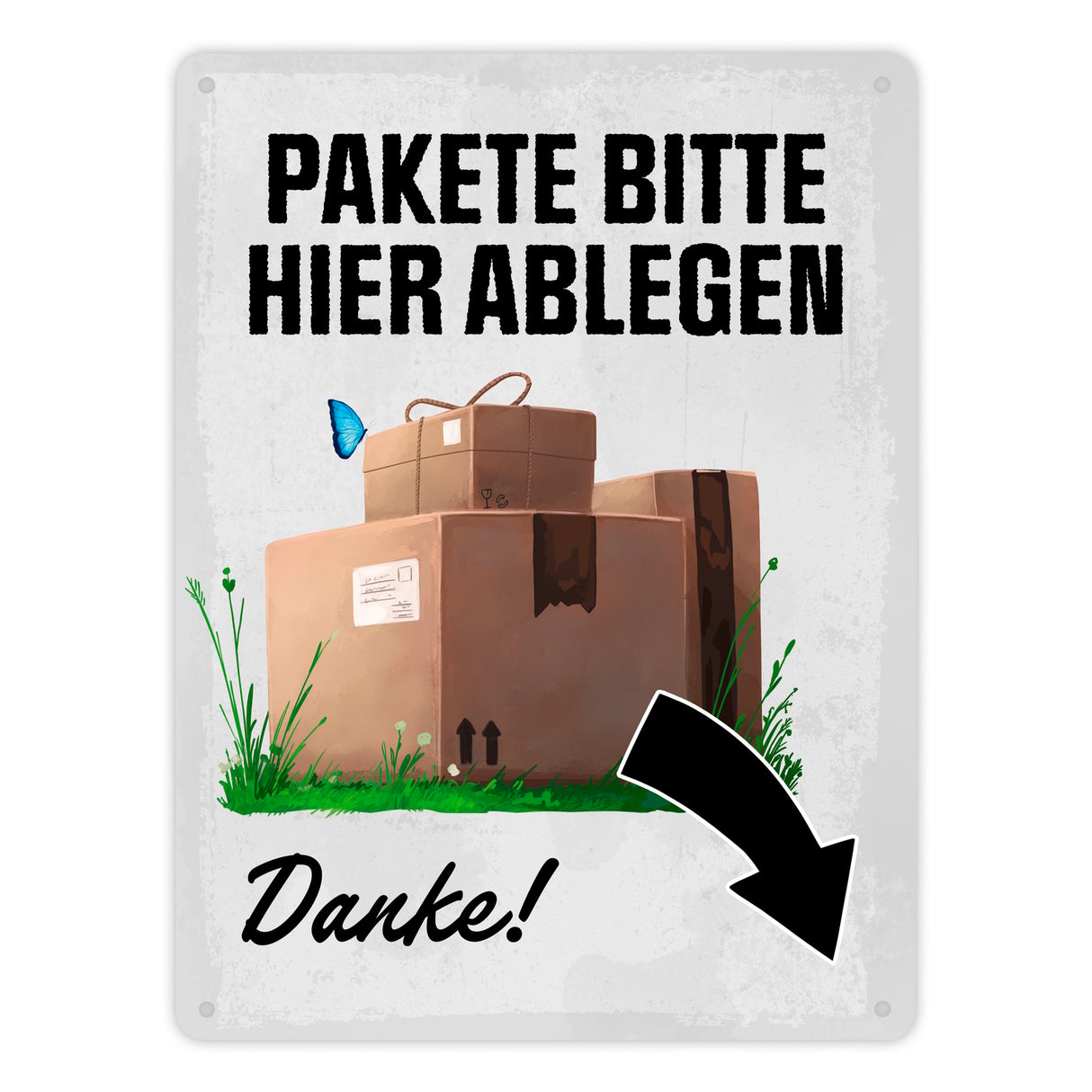 Pakete bitte hier ablegen, Danke! Metallschild - Pfeil rechts