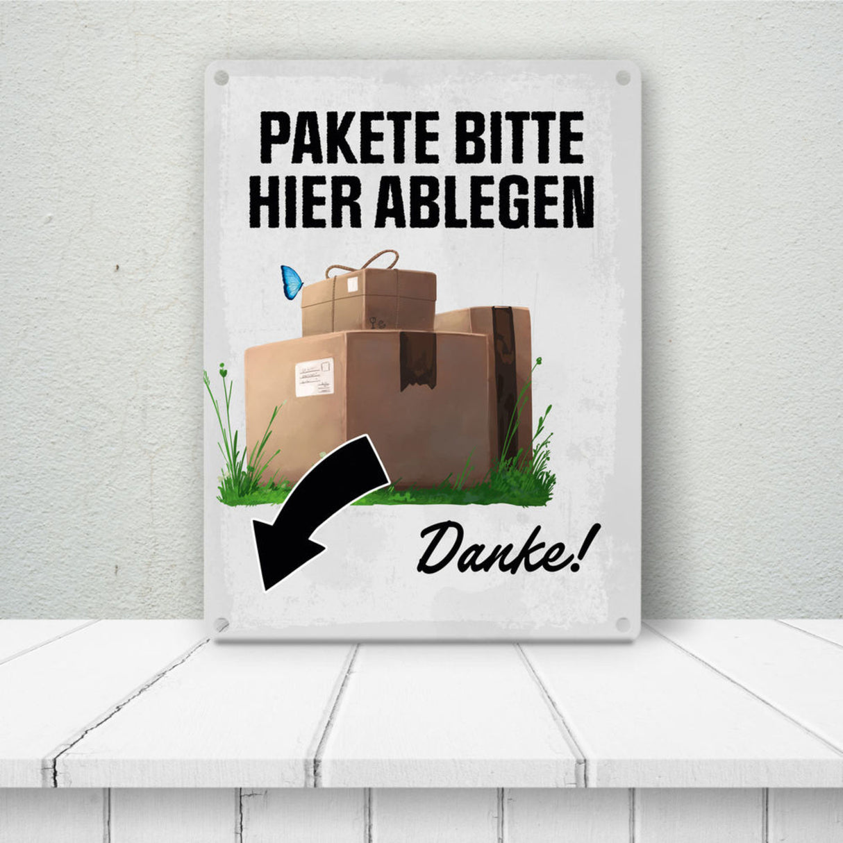 Pakete bitte hier ablegen, Danke! Metallschild - Pfeil rechts