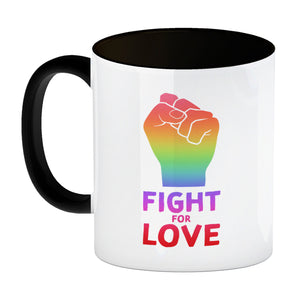 Fight for Love Kaffeebecher mit Faust in Regenbogenfarben