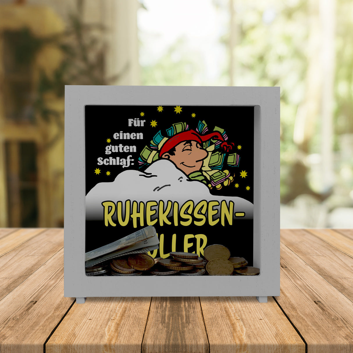 Ruhekissen-Füller Spardose zum Thema Sparen und Schlafen