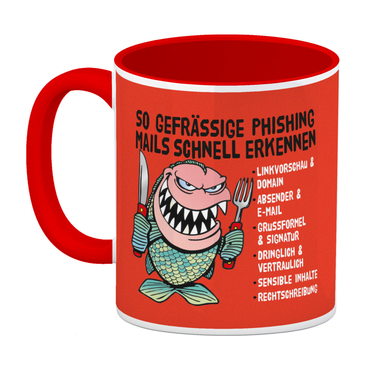 Kaffeebecher zum Thema Phishing Mails erkennen mit Fisch Motiv