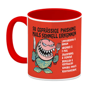 Kaffeebecher zum Thema Phishing Mails erkennen mit Fisch Motiv