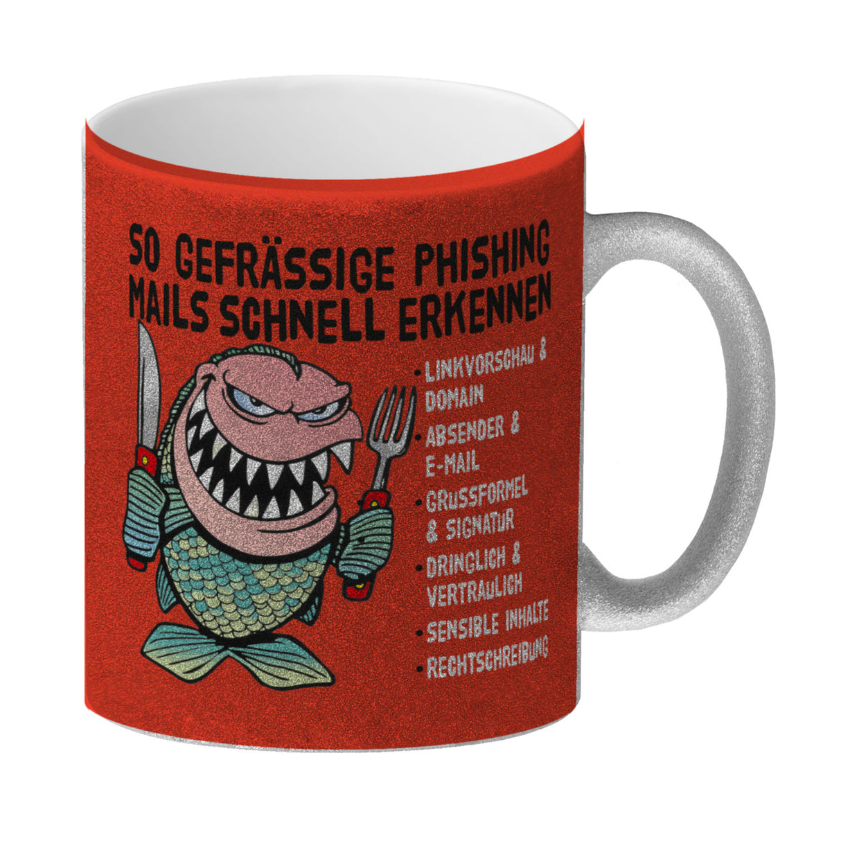 Kaffeebecher zum Thema Phishing Mails erkennen mit Fisch Motiv