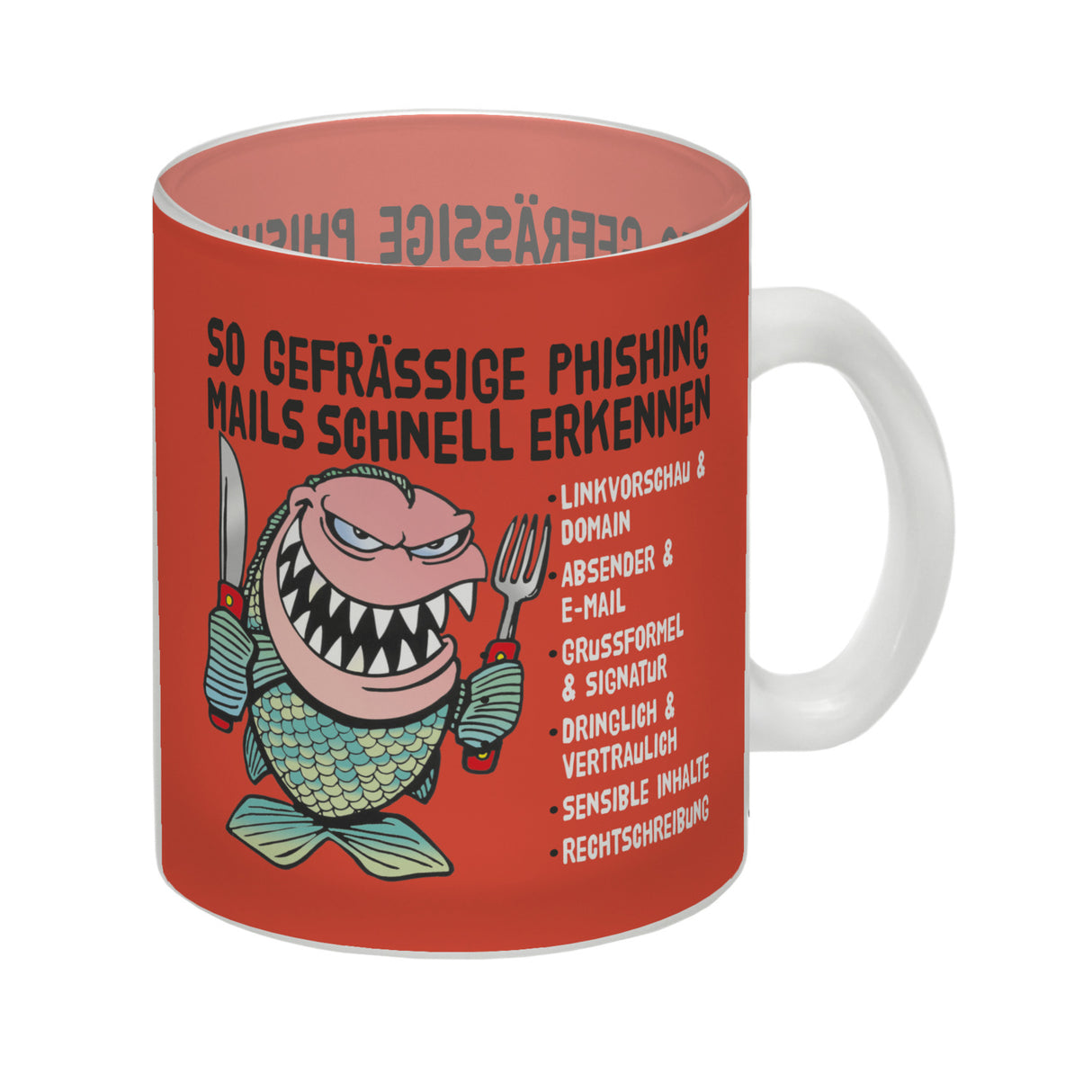 Kaffeebecher zum Thema Phishing Mails erkennen mit Fisch Motiv