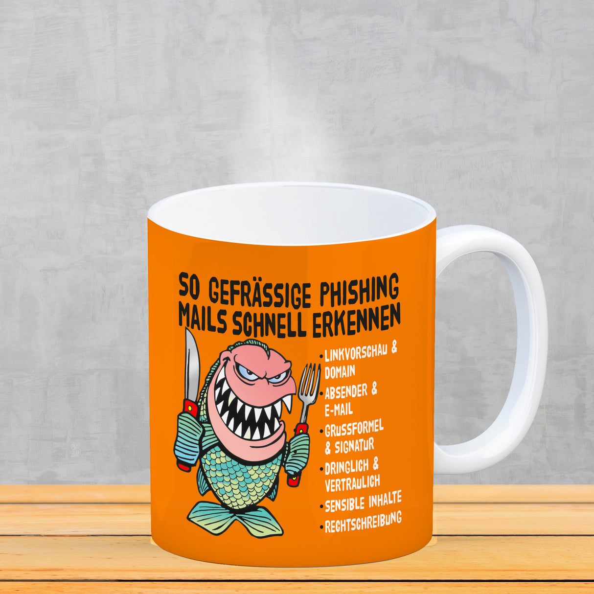 Kaffeebecher zum Thema Phishing Mails erkennen mit Fisch Motiv