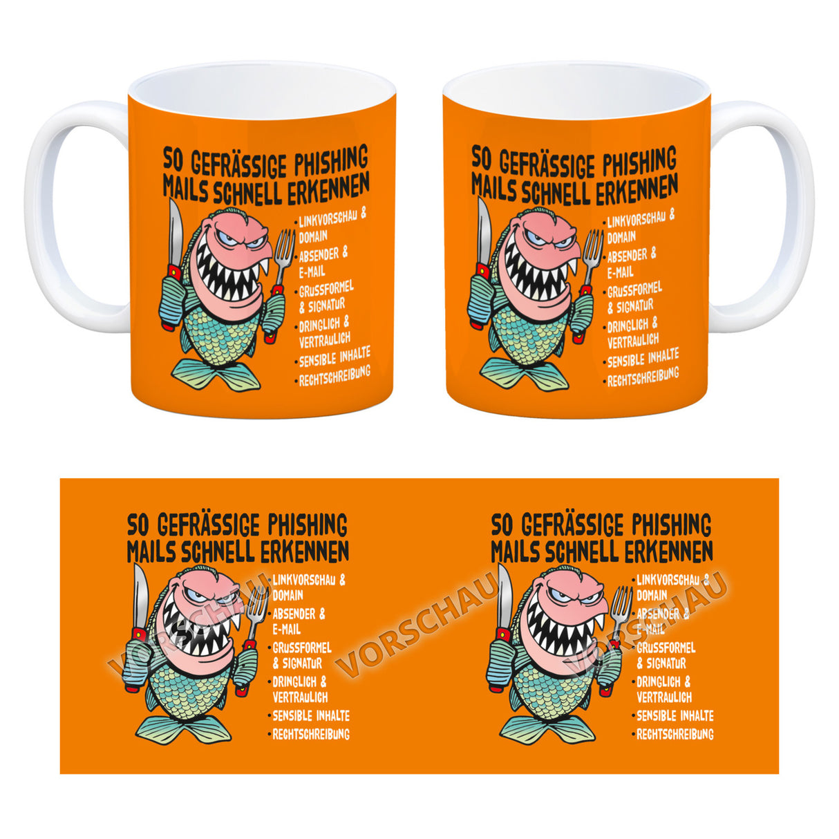 Kaffeebecher zum Thema Phishing Mails erkennen mit Fisch Motiv