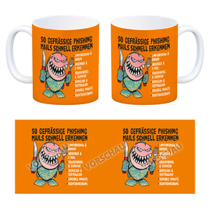 Kaffeebecher zum Thema Phishing Mails erkennen mit Fisch Motiv