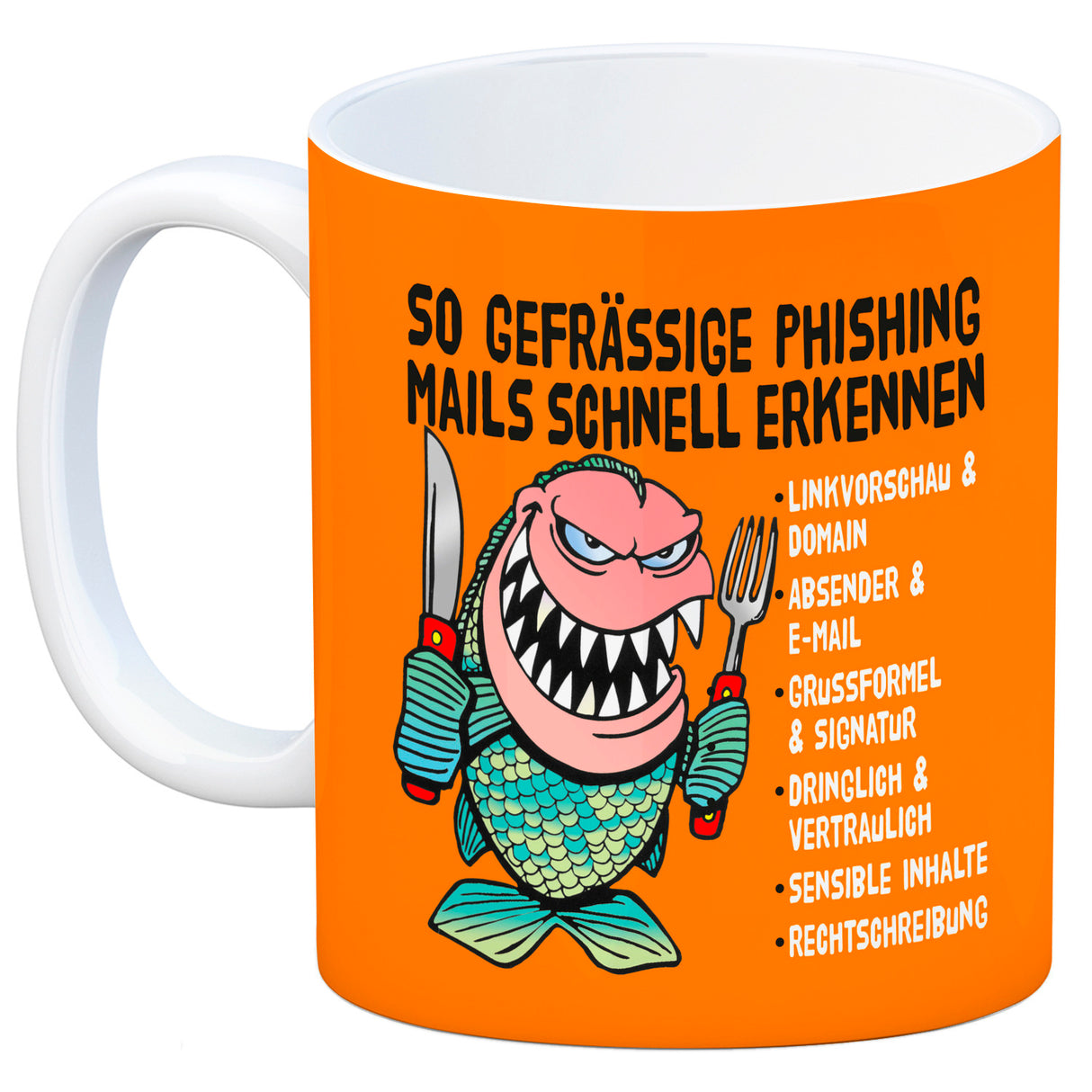 Kaffeebecher zum Thema Phishing Mails erkennen mit Fisch Motiv
