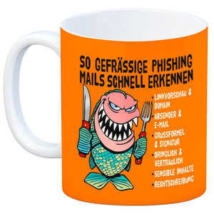 Kaffeebecher zum Thema Phishing Mails erkennen mit Fisch Motiv