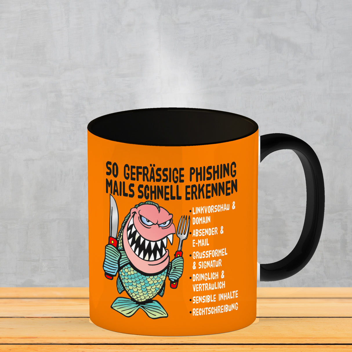 Kaffeebecher zum Thema Phishing Mails erkennen mit Fisch Motiv