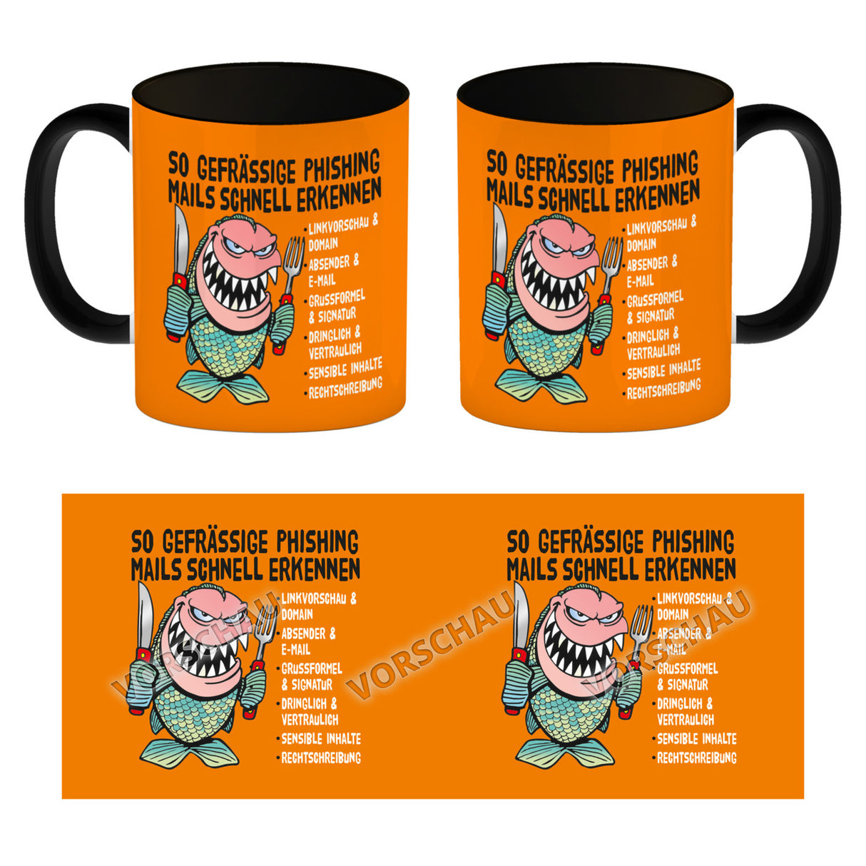 Kaffeebecher zum Thema Phishing Mails erkennen mit Fisch Motiv