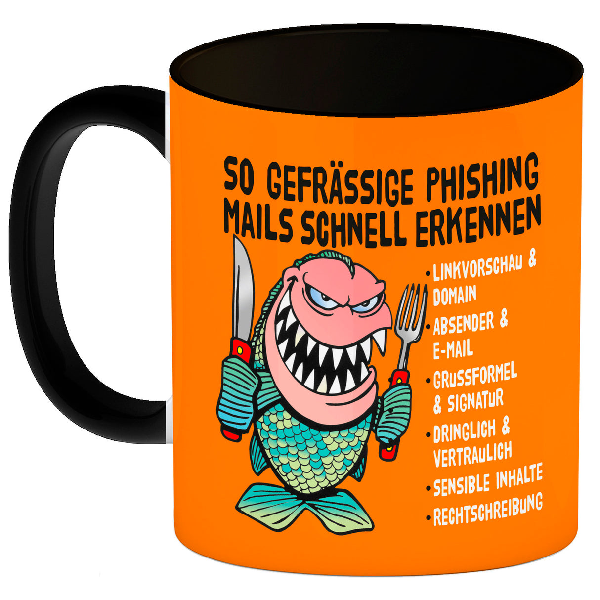 Kaffeebecher zum Thema Phishing Mails erkennen mit Fisch Motiv
