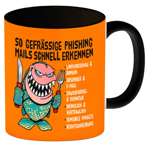 Kaffeebecher zum Thema Phishing Mails erkennen mit Fisch Motiv