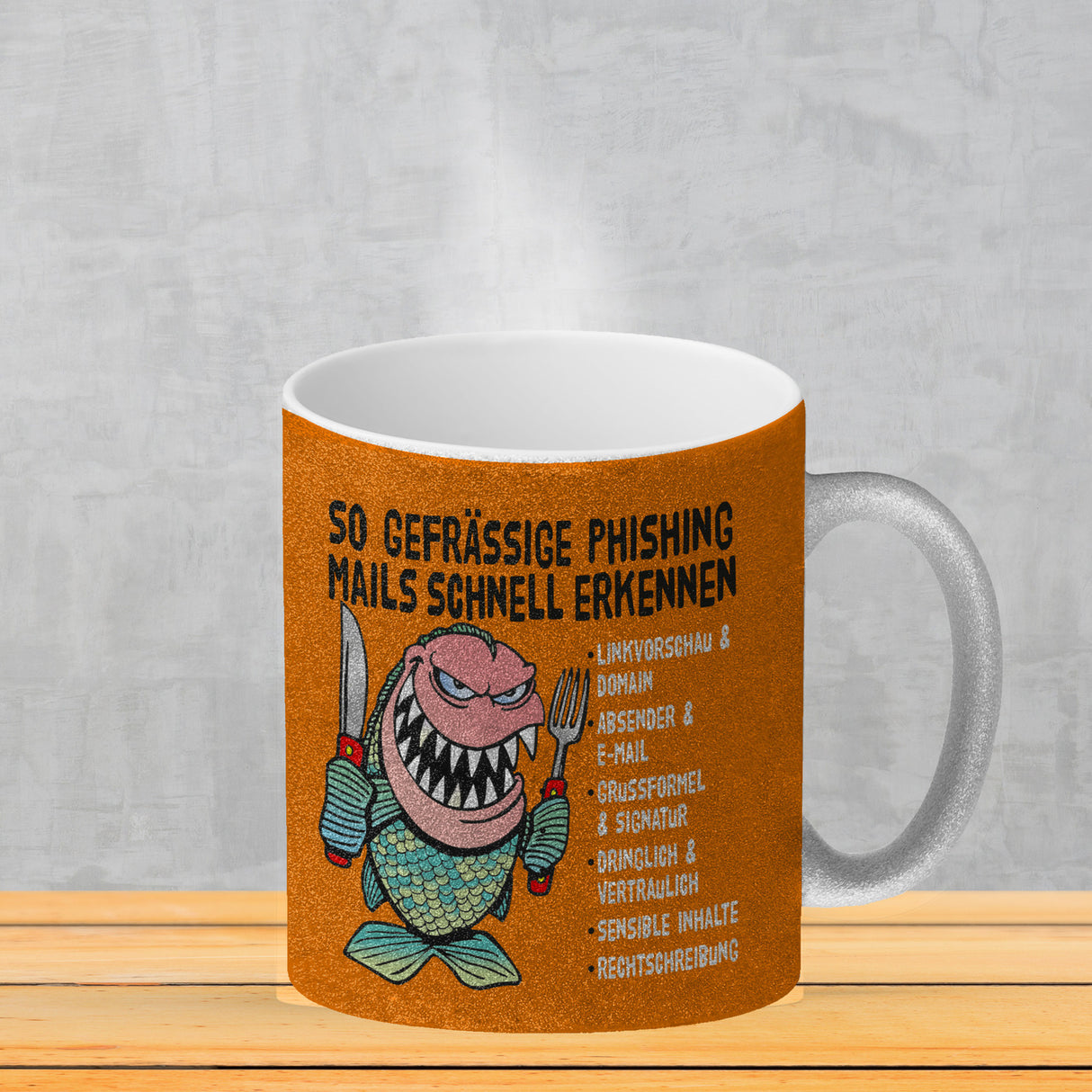 Kaffeebecher zum Thema Phishing Mails erkennen mit Fisch Motiv