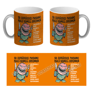 Kaffeebecher zum Thema Phishing Mails erkennen mit Fisch Motiv