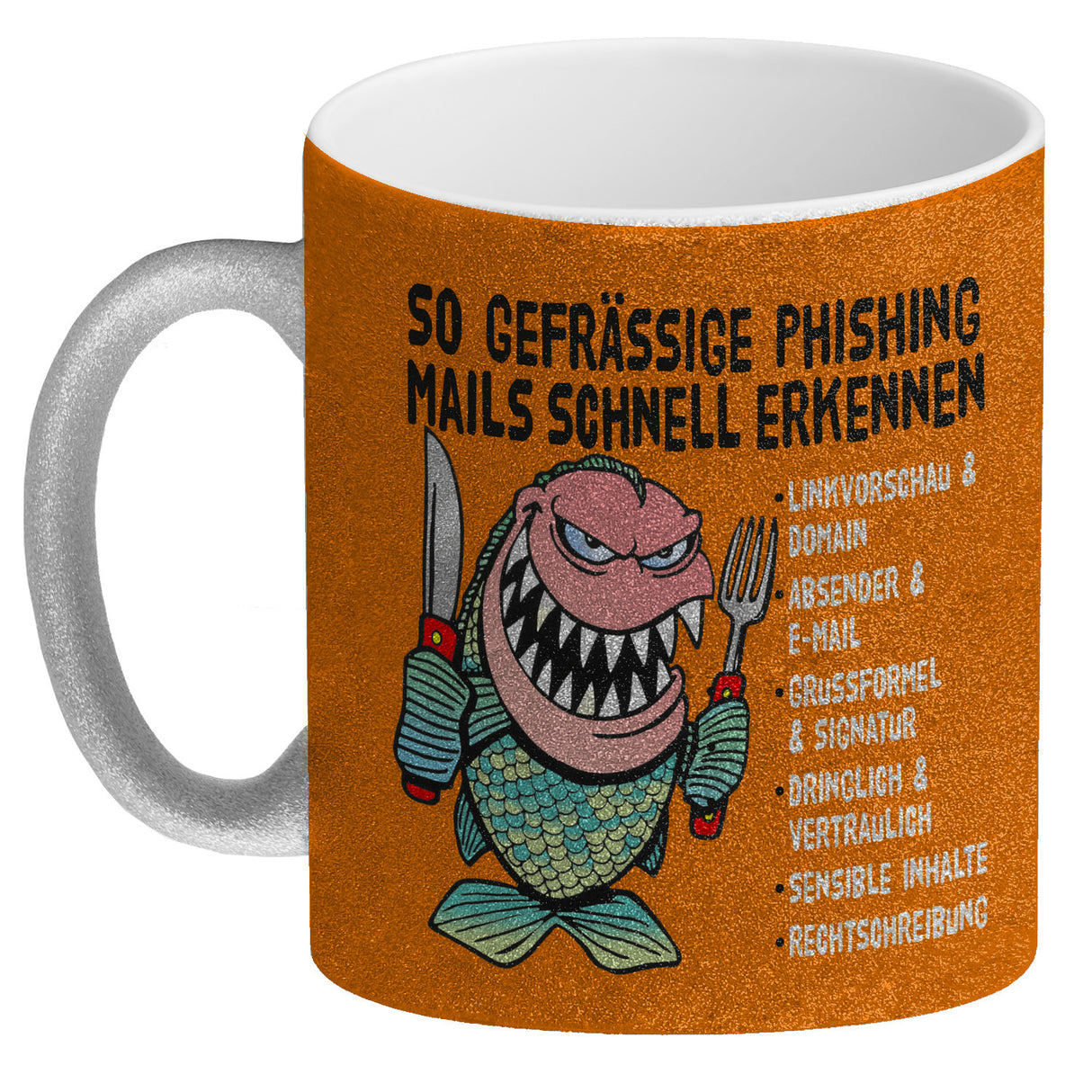 Kaffeebecher zum Thema Phishing Mails erkennen mit Fisch Motiv