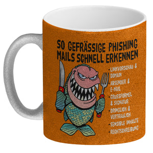 Kaffeebecher zum Thema Phishing Mails erkennen mit Fisch Motiv