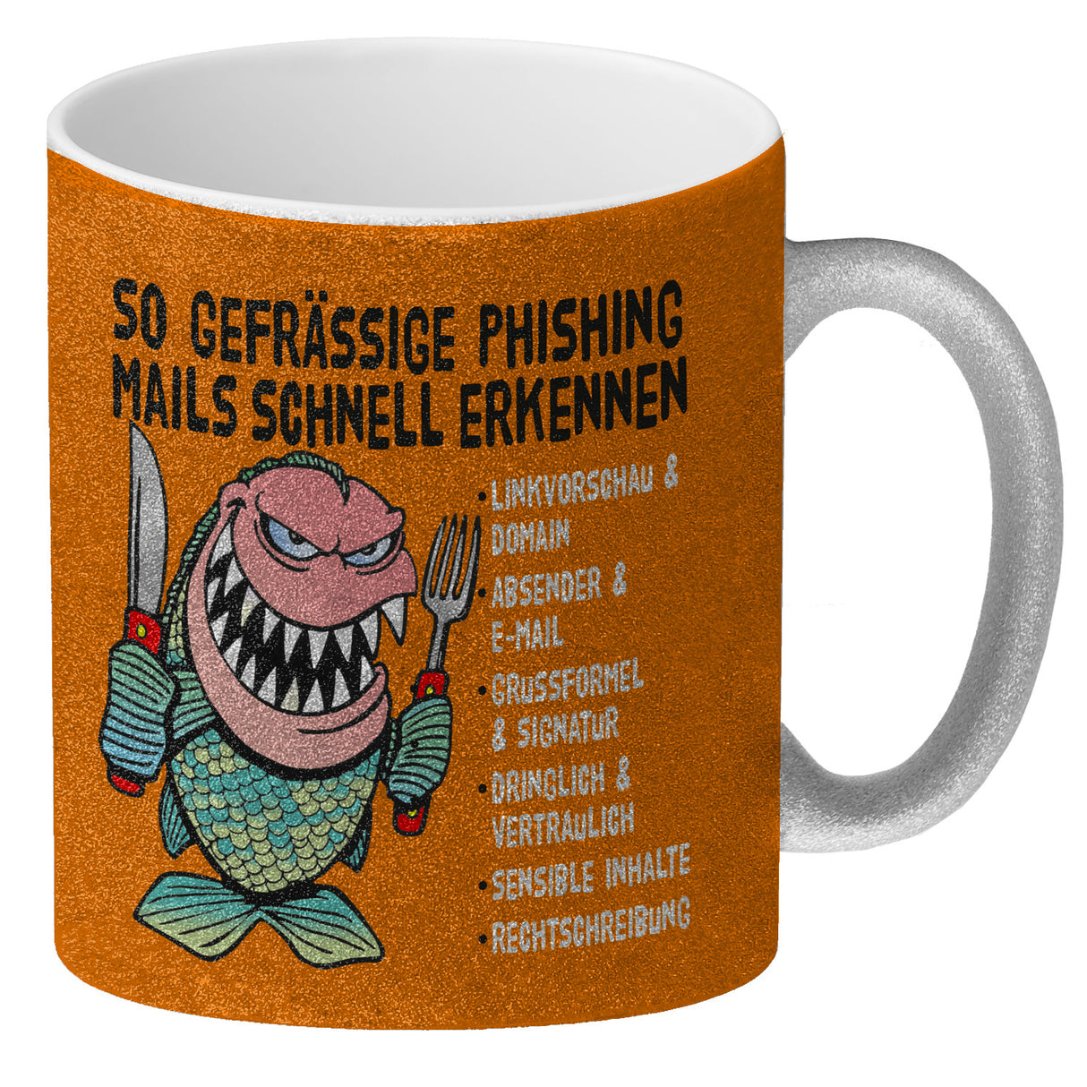 Kaffeebecher zum Thema Phishing Mails erkennen mit Fisch Motiv