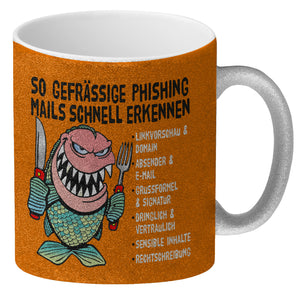 Kaffeebecher zum Thema Phishing Mails erkennen mit Fisch Motiv