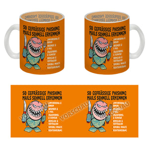 Kaffeebecher zum Thema Phishing Mails erkennen mit Fisch Motiv
