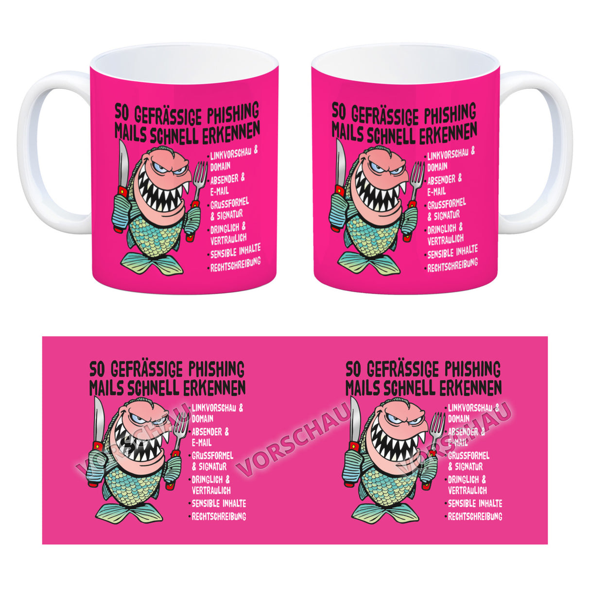Kaffeebecher zum Thema Phishing Mails erkennen mit Fisch Motiv