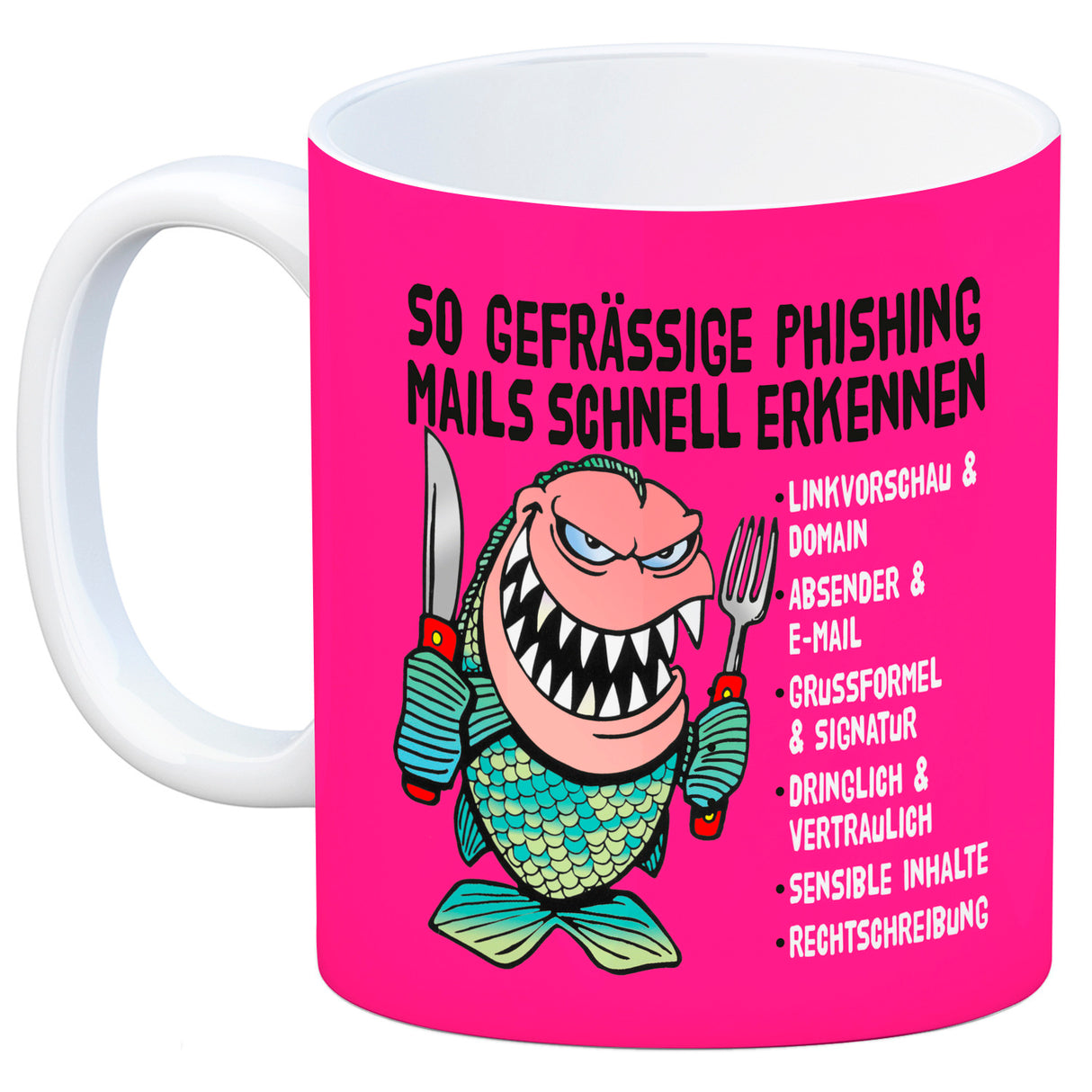 Kaffeebecher zum Thema Phishing Mails erkennen mit Fisch Motiv