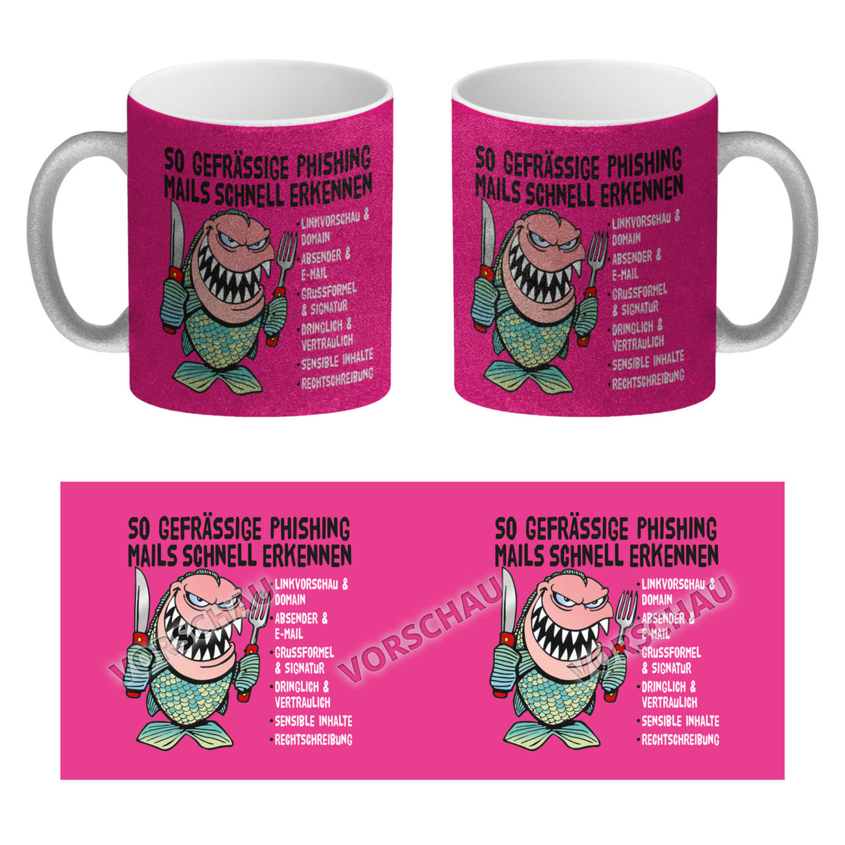 Kaffeebecher zum Thema Phishing Mails erkennen mit Fisch Motiv
