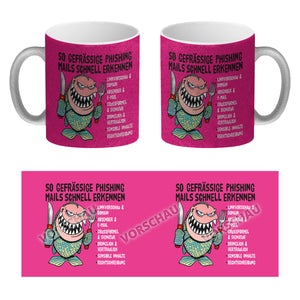 Kaffeebecher zum Thema Phishing Mails erkennen mit Fisch Motiv