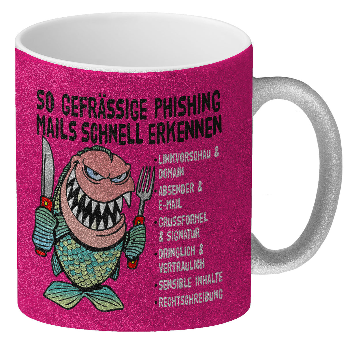 Kaffeebecher zum Thema Phishing Mails erkennen mit Fisch Motiv