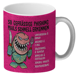 Kaffeebecher zum Thema Phishing Mails erkennen mit Fisch Motiv