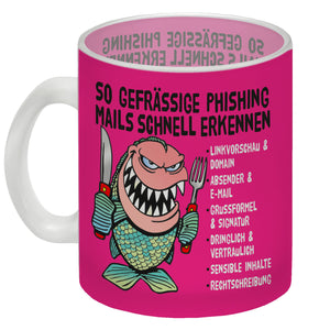 Kaffeebecher zum Thema Phishing Mails erkennen mit Fisch Motiv