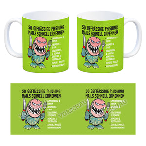 Kaffeebecher zum Thema Phishing Mails erkennen mit Fisch Motiv