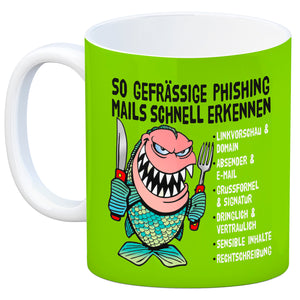 Kaffeebecher zum Thema Phishing Mails erkennen mit Fisch Motiv