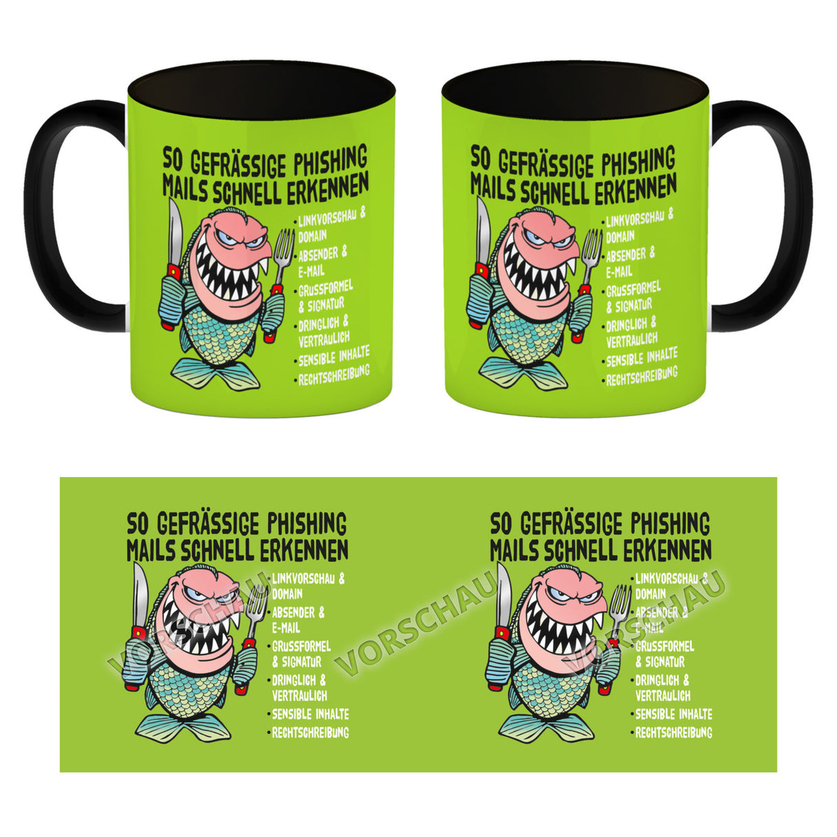 Kaffeebecher zum Thema Phishing Mails erkennen mit Fisch Motiv