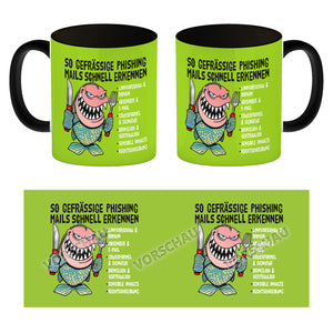 Kaffeebecher zum Thema Phishing Mails erkennen mit Fisch Motiv