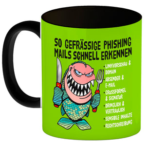 Kaffeebecher zum Thema Phishing Mails erkennen mit Fisch Motiv