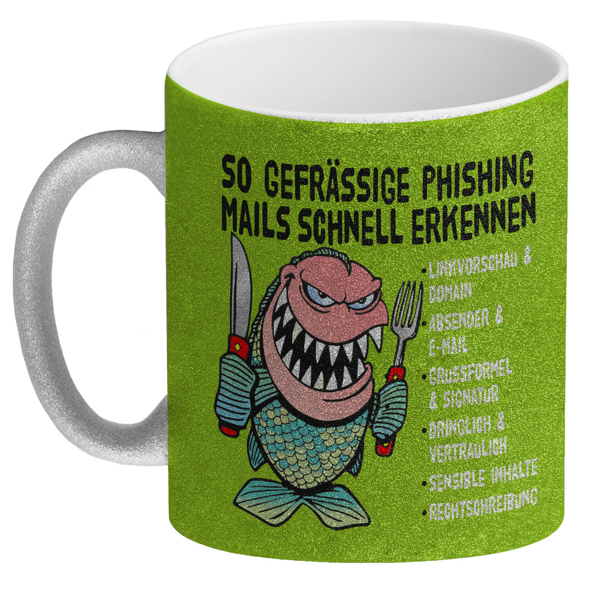Kaffeebecher zum Thema Phishing Mails erkennen mit Fisch Motiv