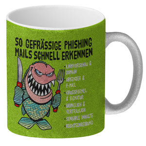 Kaffeebecher zum Thema Phishing Mails erkennen mit Fisch Motiv