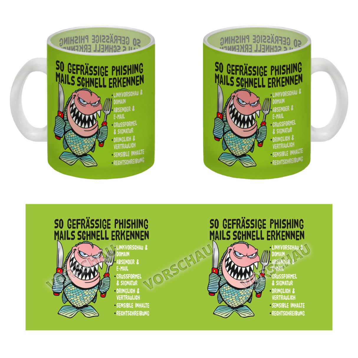 Kaffeebecher zum Thema Phishing Mails erkennen mit Fisch Motiv