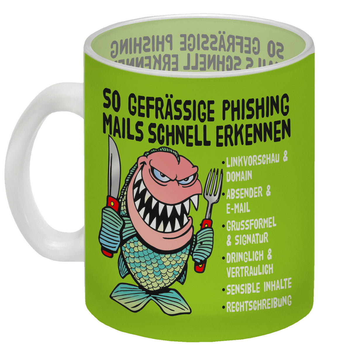 Kaffeebecher zum Thema Phishing Mails erkennen mit Fisch Motiv