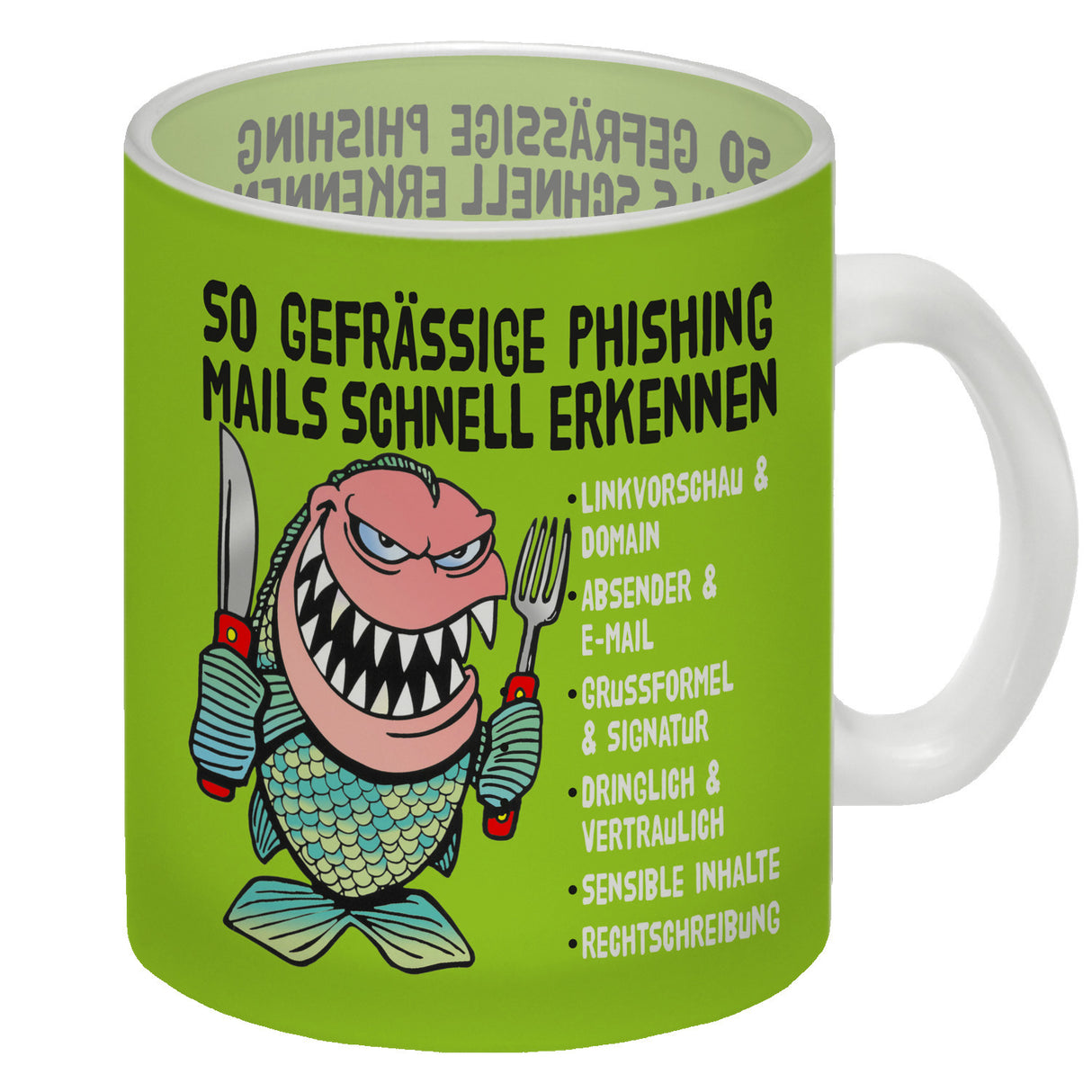 Kaffeebecher zum Thema Phishing Mails erkennen mit Fisch Motiv