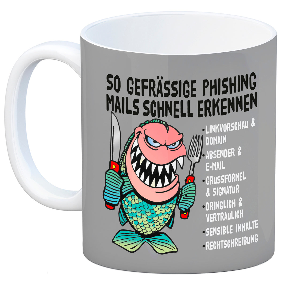 Kaffeebecher zum Thema Phishing Mails erkennen mit Fisch Motiv