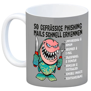 Kaffeebecher zum Thema Phishing Mails erkennen mit Fisch Motiv