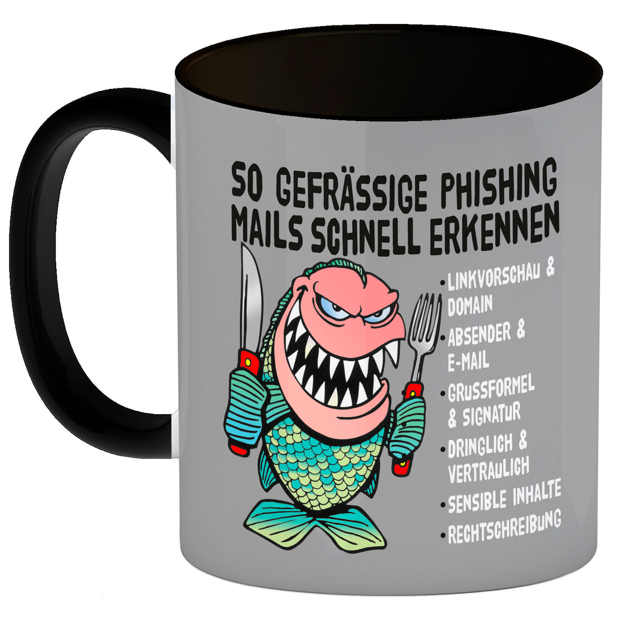 Kaffeebecher zum Thema Phishing Mails erkennen mit Fisch Motiv