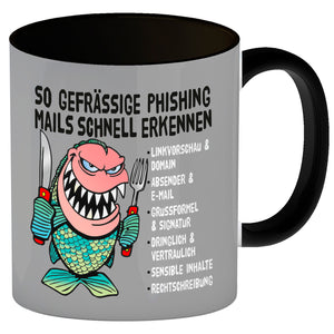Kaffeebecher zum Thema Phishing Mails erkennen mit Fisch Motiv