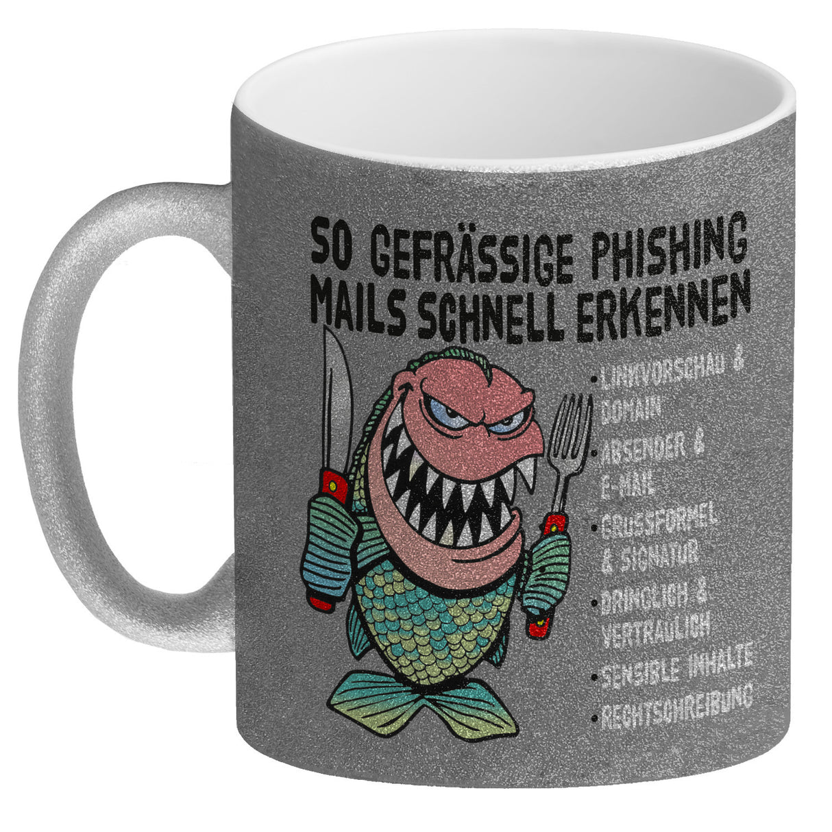Kaffeebecher zum Thema Phishing Mails erkennen mit Fisch Motiv